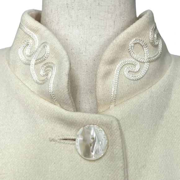 Alorna Vintage 90s Soutache Trim Button Front Ivory Wool Swing Coat - Picture 3 of 10